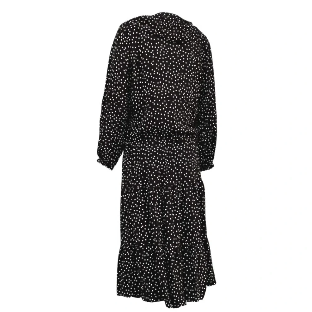 Polka Dot Tiered Midi Dress Black White Ruffle V-Neck Parisian‎ Chic Boho Size M